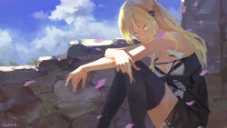 Rule 34 | 1girl, arms on knees, artist name, black thighhighs, blonde hair, braid, breasts, cleavage, cloud, cloudy sky, feet out of frame, french braid, girls&#039; frontline, grey eyes, highres, k5 (girls&#039; frontline), long hair, looking at viewer, medium breasts, outdoors, petals, sitting, sky, smile, solo, thighhighs, viscum