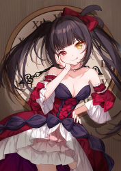 Rule 34 | 1girl, :q, bare shoulders, bison cangshu, black dress, black hair, bow, breasts, cleavage, clock, closed mouth, collarbone, commentary request, date a live, detached sleeves, dress, frilled dress, frills, hair bow, hand up, heterochromia, highres, long hair, long sleeves, medium breasts, puffy long sleeves, puffy sleeves, red bow, red eyes, red sleeves, roman numeral, smile, solo, strapless, strapless dress, symbol-shaped pupils, tokisaki kurumi, tongue, tongue out, twintails, v-shaped eyebrows, very long hair, wide sleeves, yellow eyes