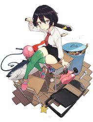 Rule 34 | 1girl, absurdres, arm support, backpack, bad id, bad twitter id, bag, ball, baseball, baseball bat, black hair, black shorts, chair, cloba, cosmetics, crossed legs, desk, fish, folding chair, green thighhighs, heart-shaped bag, highres, inactive account, kunio-kun series, looking at viewer, misako (kunio-kun), necktie, over shoulder, pink footwear, red necktie, river city girls, school desk, school uniform, shoes, short hair, short shorts, shorts, simple background, sitting, sneakers, solo, spiked knuckles, thighhighs, tomboy, volleyball (object), wand, weapon, weapon over shoulder, whip, wrench
