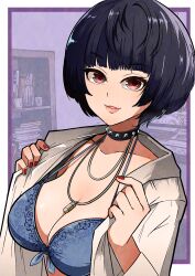 Rule 34 | 1girl, black choker, black hair, blue bra, bookshelf, bra, breasts, brown eyes, choker, cleavage, coat, highres, indoors, jewelry, large breasts, looking at viewer, necklace, open clothes, open coat, osusowake, persona, persona 5, red nails, short hair, solo, takemi tae, underwear, upper body, white coat