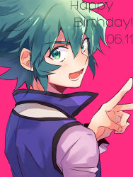 Rule 34 | 1boy, :d, collared jacket, green eyes, green hair, hair between eyes, happy birthday, jacket, johan andersen, light blush, looking at viewer, male focus, mikami (mkm0v0), open mouth, smile, solo, upper body, v, yu-gi-oh!, yu-gi-oh! gx