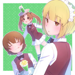 Rule 34 | 3girls, :q, artist name, balancing, bartender, black bow, black bowtie, black legwear, blonde hair, blunt bangs, bob cut, bow, bowtie, brown vest, cherry blossoms, closed mouth, cosplay, cutlass (girls und panzer), cutlass (girls und panzer) (cosplay), dress shirt, facing viewer, food, freckles, from behind, girls und panzer, green background, handkerchief, highres, holding, holding tray, ice cream, ice cream float, itsumip, kadotani anzu, leaning forward, leg up, long hair, long sleeves, looking at viewer, looking back, looking to the side, maid headdress, miniskirt, multiple girls, ooarai naval school uniform, open mouth, outline, parted bangs, parted lips, pleated skirt, polka dot, polka dot background, school uniform, shirt, shoes, short hair, signature, single horizontal stripe, skirt, smile, socks, standing, standing on one leg, tongue, tongue out, tray, tsuchiya (girls und panzer), twintails, vest, white footwear, white outline, white shirt, white skirt, wing collar