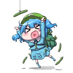 Rule 34 | &gt; &lt;, 1girl, :d, > <, arms up, backpack, bag, blue hair, boots, chibi, closed eyes, cucumber, flat cap, hanya (hanya yashiki), hat, heart, heart in mouth, kawashiro nitori, key, long sleeves, open mouth, rubber boots, shadow, short hair, simple background, skirt, skirt set, smile, solo, touhou, twintails, two side up, white background, xd