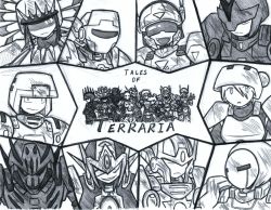 Rule 34 | 4girls, 6+boys, armor, bandage over one eye, bodysuit, breastplate, double v, evil eyes, closed eyes, full armor, hand on own hip, happy, headdress, helmet, lineart, looking at viewer, mask, military, military uniform, monochrome, multiple boys, multiple girls, mutantnight, necklace, open mouth, short hair, terraria, text focus, thumbs up, tooth necklace, uniform, v, waving