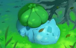 Rule 34 | bad id, bad pixiv id, blurry, bulbasaur, closed eyes, commentary request, creatures (company), day, game freak, gen 1 pokemon, grass, leaf, lying, nintendo, no humans, on stomach, outdoors, pokemon, pokemon (creature), sleeping, solo, tree, yoshida (penguindynamite)