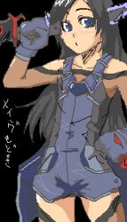 Rule 34 | 00s, 1girl, :o, arm up, bare shoulders, black hair, blue eyes, blush, collarbone, contrapposto, gloves, headgear, knife, long hair, looking at viewer, lowres, mave-chan, parted lips, sentou yousei shoujo tasukete mave-chan, sigama, sigma (artist), solo, standing, uniform, very long hair