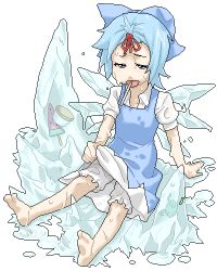 Rule 34 | 1girl, ahoge, barefoot, bloomers, blue eyes, blue hair, bow, cirno, clothes lift, dress, dress lift, embodiment of scarlet devil, feet, female focus, food, fruit, full body, hair bow, hair ribbon, ice, lowres, matching hair/eyes, melting, mouth hold, oekaki, poketto, popsicle, ribbon, short hair, sitting, solo, touhou, underwear, watermelon, white background, wings