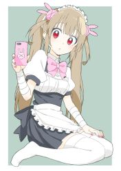 Rule 34 | 1girl, alternate costume, apron, bad id, bad twitter id, black dress, blonde hair, blush, bow, bowtie, bright pupils, cellphone, closed mouth, donguri suzume, dress, enmaided, fingernails, from side, green background, hair ornament, hand up, highres, holding, holding phone, long hair, looking at viewer, looking to the side, maid, maid apron, maid headdress, nail polish, natori sana, phone, pink bow, pink bowtie, puffy short sleeves, puffy sleeves, rabbit hair ornament, red eyes, red nails, sana channel, selfie, short sleeves, simple background, sitting, smartphone, solo, thighhighs, twintails, two side up, virtual youtuber, waist apron, wariza, white apron, white thighhighs