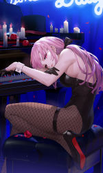 Rule 34 | 1girl, alternate costume, alternate hairstyle, bare shoulders, candle, ekao, fishnet pantyhose, fishnets, flower, gloves, hat, high heels, highres, hololive, hololive english, instrument, leotard, looking at viewer, mori calliope, official art, pantyhose, piano, pink hair, playboy bunny, ponytail, red eyes, rose, second-party source, sitting, solo, unworn hat, unworn headwear, virtual youtuber