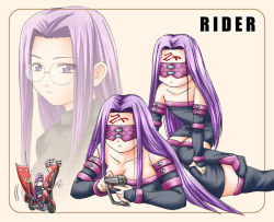Rule 34 | 00s, 1girl, age comparison, blindfold, breasts, cleavage, fate/stay night, fate (series), glasses, kneeling, lying, medusa (fate), medusa (rider) (fate), on stomach, steed (steed enterprise), thighhighs, time paradox