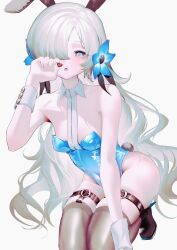 Rule 34 | +9 (181b39 ), 1girl, animal ears, blue flower, blue leotard, breasts, candy, chocolate, chocolate heart, fake animal ears, fake tail, flower, food, grey eyes, grey hair, hair flower, hair ornament, hair over one eye, heart, highleg, highleg leotard, highres, isekai joucho, kamitsubaki studio, kneeling, leotard, long hair, looking at viewer, open mouth, playboy bunny, rabbit ears, rabbit tail, skindentation, small breasts, solo, tail, thigh strap, thighhighs, very long hair, virtual youtuber, wrist cuffs