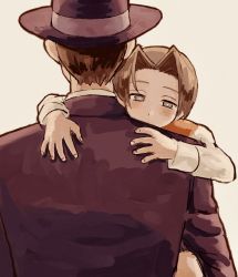 Rule 34 | 2boys, ace attorney, brown eyes, child, father and son, gregory edgeworth, hat, hug, male focus, miles edgeworth, multiple boys, parent and child, parted bangs, renshu usodayo, simple background