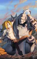 Rule 34 | 2boys, ahoge, alphonse elric, arm over shoulder, arm up, armor, belt, blonde hair, blood, blood on arm, blood on chest, blood on face, breastplate, broken, carrying, carrying person, closed mouth, collarbone, edward elric, closed eyes, full armor, fullmetal alchemist, ghdwid, helmet, highres, long hair, looking at another, male focus, mechanical arms, multiple boys, on one knee, outdoors, pauldrons, ponytail, scar, scratches, shoulder armor, single mechanical arm, smile, smoke, spiked helmet, spikes, teeth, topless male, vambraces, white eyes