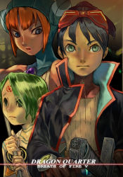 Rule 34 | 1boy, 2girls, animal ears, bad id, bad pixiv id, belt, black hair, blue eyes, bracelet, breasts, breath of fire, breath of fire v, cat, cat ears, dress, gloves, goggles, green eyes, green hair, hair over one eye, handle, hat, hilt, jacket, jewelry, lin, lin (breath of fire), looking at viewer, male focus, multiple girls, nekotawa, nightgown, nina (breath of fire v), orange hair, ponytail, red wings, ryuu (breath of fire v), see-through, short hair, simple background, staff, sweater, sword, tattoo, torn clothes, weapon, wings