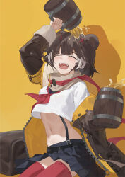 Rule 34 | 1girl, alcohol, animal ears, arknights, barrel mug, bear ears, bear girl, beer, beer mug, black skirt, blush, brown jacket, closed eyes, cowboy shot, cup, hair ornament, highres, holding, holding cup, jacket, leto (arknights), midriff, mug, navel, neckerchief, newnand, open clothes, open jacket, open mouth, pouring, pouring onto self, red neckerchief, red thighhighs, shirt, simple background, skirt, solo, thighhighs, white shirt, x hair ornament, yellow background