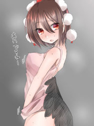 Rule 34 | 1girl, abe suke, bare arms, black wings, breasts, brown eyes, brown hair, cowboy shot, from side, grey background, hair between eyes, hat, highres, looking at viewer, medium breasts, open mouth, pointy ears, pom pom (clothes), red hat, shameimaru aya, short hair, solo, sweat, tokin hat, touhou, translation request, wings