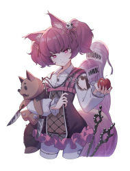 Rule 34 | 1girl, 97 mubi bai, :/, absurdres, animal ear fluff, animal ears, apple, arknights, cowboy shot, dress, food, frilled dress, frilled sleeves, frills, fruit, head tilt, heart, heart-shaped pupils, highres, holding, holding food, holding stuffed toy, knife, long sleeves, looking at viewer, pink eyes, pink hair, shamare (arknights), simple background, solo, stuffed animal, stuffed toy, symbol-shaped pupils, twintails, white background