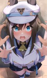 Rule 34 | 1girl, @ @, absurdres, against wall, belt, blue eyes, breasts, brown hair, cheval grand (umamusume), commentary request, hair between eyes, hair ornament, hat, highres, horse girl, looking at viewer, medium breasts, medium hair, open mouth, pov, pov hands, shorts, shumai il, solo, sweat, umamusume