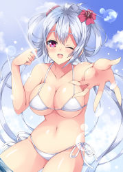 Rule 34 | 1girl, :d, ;d, bikini, blush, breasts, cleavage, cloud, collarbone, day, dutch angle, flower, hair flower, hair ornament, hair rings, halterneck, large breasts, leaning forward, lens flare, long hair, looking at viewer, matoi (pso2), milkpanda, navel, one eye closed, open mouth, outdoors, outstretched arm, phantasy star, phantasy star online 2, red eyes, side-tie bikini bottom, silver hair, sky, smile, solo, standing, sunlight, swimsuit, very long hair, water, white bikini