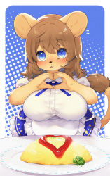 Rule 34 | 1girl, animal ears, blue background, blue eyes, blue skirt, breasts, brown hair, commentary request, food, furry, furry female, heart, heart hands, highres, ketchup, kishibe, large breasts, long hair, looking at viewer, omelet, omurice, original, plate, polka dot, polka dot background, shirt, short hair, skirt, solo, tail, white shirt