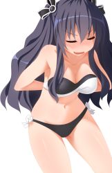 Rule 34 | 10s, 1girl, absurdres, bare shoulders, bikini, black hair, blush, breasts, collarbone, derivative work, closed eyes, highres, large breasts, long hair, navel, neptune (series), nose blush, open mouth, planeptune, side-tie bikini bottom, solo, swimsuit, transparent background, twintails, two side up, uni (neptunia), wavy mouth