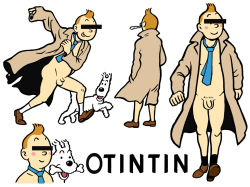 Rule 34 | 1boy, :p, bar censor, blush stickers, bone, censored, coat, dog, flaccid, hands in pockets, identity censor, male focus, milou (tintin), naked coat, naked necktie, necktie, official style, penis, popped collar, pun, punch arino, quiff, running, simple background, smile, snowy (tintin), testicles, tintin, tintin (character), tongue, tongue out, trench coat, walking, white background