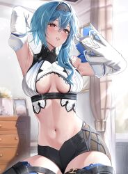 Rule 34 | 1girl, absurdres, armpits, arms up, asymmetrical hair, belt, black belt, black hairband, blue hair, breasts, brown eyes, crop top, curtains, detached sleeves, eula (genshin impact), genshin impact, hairband, highres, indoors, medium breasts, navel, parted lips, short shorts, shorts, solo, stomach, sunlight, vitaminechan, window
