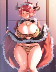 Rule 34 | 1girl, alternate costume, bikini, blush, breasts, brown bikini, cleavage, clothes lift, draph, dress, dress lift, embarrassed, enmaided, eno yukimi, granblue fantasy, horns, huge breasts, jewelry, legs together, lifted by self, maid, maid headdress, necklace, pointy ears, red hair, short hair, solo, standing, sturm (granblue fantasy), swimsuit, thighs, v-shaped eyebrows, wide hips, yellow eyes