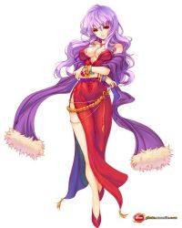 Rule 34 | 1girl, bare shoulders, bracelet, breasts, cleavage, crossed arms, dress, groin, jewelry, long hair, luna online, necklace, purple hair, red dress, scarf, solo