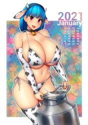 Rule 34 | 1girl, 2021, animal ears, animal print, bell, bikini, blue hair, breasts, calendar (medium), carrying, chinese zodiac, cleavage, collar, commentary, cow ears, cow horns, cow print, cowbell, curvy, detached sleeves, english commentary, erkaz, fake animal ears, fake horns, highres, horns, huge breasts, january, medium hair, milk, milk churn, neck bell, new year, original, print bikini, print sleeves, print thighhighs, rina atherina, side-tie bikini bottom, solo, spaghetti strap, swimsuit, tagme, thighhighs, underboob, year of the ox