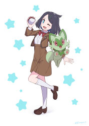 Rule 34 | 1girl, ;d, absurdres, aqua eyes, black hair, bow, bowtie, brown footwear, brown jacket, brown skirt, collared shirt, commentary request, creatures (company), eyelashes, game freak, hair ornament, hairclip, hand up, highres, holding, holding poke ball, jacket, leg up, liko (pokemon), nintendo, one eye closed, open mouth, poke ball, poke ball (basic), pokemon, pokemon (anime), pokemon horizons, red bow, red bowtie, s-masa 7131, school uniform, shirt, shoes, skirt, smile, socks, sprigatito, standing, standing on one leg, star (symbol), white background, white shirt, white socks