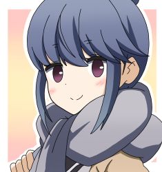 Rule 34 | 1girl, blue hair, blush, border, closed mouth, commentary request, gradient background, grey scarf, highres, long hair, looking at viewer, outside border, pink background, purple eyes, scarf, shima rin, sidelocks, skyiluca, smile, solo, split mouth, upper body, white border, winter clothes, yellow background, yurucamp