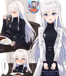 Rule 34 | 1girl, :d, :q, @ @, ^ ^, alternate costume, azur lane, bad id, bad pixiv id, bag, belt, black dress, blue eyes, blush, breasts, chair, chibi, chili pepper, closed eyes, coat, commentary request, cup, curry, dress, drinking glass, eating, enterprise (azur lane), food, hair between eyes, hat, highres, holding, holding bag, holding spoon, ice, ice cube, indoors, large breasts, long hair, long sleeves, looking at viewer, military, military uniform, miniskirt, multiple views, necktie, nonon (xenonbot), nose blush, open clothes, open coat, open mouth, peaked cap, plate, rice, shirt, sidelocks, sitting, skirt, smile, spoon, standing, steam, sweat, table, taut clothes, taut dress, thought bubble, tongue, tongue out, translation request, turtleneck, turtleneck dress, uniform, white coat, white hair, white hat, white shirt, wing collar