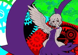 Rule 34 | 1girl, angel wings, arm at side, arrow (symbol), bow, bowtie, brooch, brown jacket, covering own mouth, cowboy shot, dress, floral print, folding fan, gears, grey hair, grey wings, hand fan, hand up, jacket, jewelry, kikumon, kishin sagume, looking down, looking to the side, multicolored background, nr (cmnrr), nr (ys onrr), purple dress, red eyes, seigaiha, short hair, single wing, solo, tongue, touhou, wings