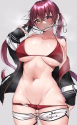 Rule 34 | 1girl, :p, absurdres, bikini, black jacket, breasts, clothes pull, eyepatch, unworn eyepatch, grey background, groin, heterochromia, highres, holding eyepatch, hololive, houshou marine, houshou marine (summer), jacket, kshimu, large breasts, long hair, looking at viewer, navel, partially visible vulva, pussy, pussy peek, red bikini, red eyes, red hair, short shorts, shorts, shorts pull, simple background, skindentation, solo, stomach, swimsuit, thighs, tongue, tongue out, twintails, virtual youtuber, white shorts, yellow eyes