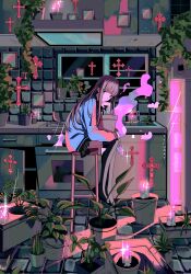 Rule 34 | 1girl, black footwear, boots, brown hair, bucket, candle, crack, cross, drawer, fire, heart, highres, kitchen, leaf, long hair, long sleeves, looking at viewer, myon (tokipi), original, oven, plant, potted plant, refrigerator, shadow, sink, sitting, solo, stool, thigh boots, tile floor, tiles, trowel, window