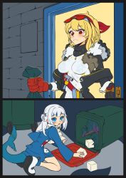 Rule 34 | 2girls, 2koma, bag, blonde hair, blue eyes, blue hair, bodysuit, breasts, brick wall, comic, commentary, cube, door, doorway, english commentary, eyewear on head, fins, fish tail, frown, gawr gura, gawr gura (1st costume), hair ornament, highres, holding, holding bag, hololive, hololive english, hololive indonesia, impossible bodysuit, impossible clothes, kaela kovalskia, kaela kovalskia (1st costume), medium breasts, multicolored hair, multiple girls, nyaring943, red eyes, shark girl, shark hair ornament, shark tail, silent comic, streaked hair, sword, tail, trash bag, trash can, two-tone hair, two side up, virtual youtuber, weapon, white hair