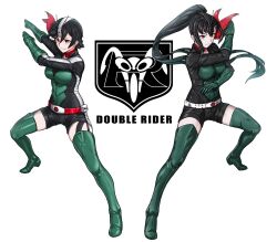 2girls belt black_bodysuit black_garter_straps black_hair bodysuit boots commentary eidenjyou1997 elbow_gloves english_commentary garter_straps genderswap genderswap_(mtf) gloves green_footwear green_gloves high_ponytail highres kamen_rider kamen_rider_(1st_series) kamen_rider_1 kamen_rider_2 logo long_hair multiple_girls ponytail red_belt red_eyes red_scarf rider-tan rider_belt scarf short_hair shorts simple_background thigh_boots typhoon_(kamen_rider) very_long_hair white_background white_belt