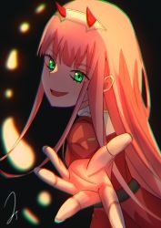 Rule 34 | 1girl, absurdres, green eyes, highres, horns, looking at viewer, open mouth, pink hair, reaching, reaching towards viewer, smile, zero two (darling in the franxx)