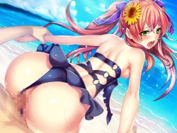 Rule 34 | 1boy, 1girl, beach, black one-piece swimsuit, blue sky, bow, breasts, casual one-piece swimsuit, censored, clothes pull, clothing aside, cloud, day, floating hair, flower, game cg, green eyes, hair between eyes, hair bow, hair flower, hair ornament, holding another&#039;s wrist, long hair, looking back, mosaic censoring, nipples, nuresuke paradise x, ocean, official art, one-piece swimsuit, one-piece swimsuit pull, orange hair, outdoors, penis, pov, purple bow, saliva, saliva trail, sex, sex from behind, shoulder blades, sky, small breasts, sunflower, swimsuit, swimsuit aside, vaginal, very long hair, yellow flower