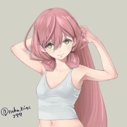Rule 34 | 1girl, akashi (kancolle), alternate breast size, blunt tresses, breasts, commentary request, green eyes, grey background, hair ribbon, highres, kantai collection, long hair, navel, neko no hige, one-hour drawing challenge, pink hair, ribbon, small breasts, solo, tank top, tress ribbon, twitter username, upper body, white tank top