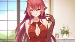 Rule 34 | 1girl, artist request, bare shoulders, breasts, cleavage, dress, game cg, hair between eyes, indoors, large breasts, long hair, looking at viewer, monster girl, monster musume no iru nichijou, monster musume no iru nichijou online, official art, pointy ears, red dress, red eyes, red hair, reptile girl, sala (monster musume), scales, slit pupils, smile, solo, strapless, strapless dress