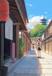 Rule 34 | 2girls, anklet, architecture, bare legs, black footwear, black hair, black skirt, blue sky, bonsai, camera, cloud, day, east asian architecture, fjsmu, frilled skirt, frills, hat, highres, holding, jewelry, lantern, looking at viewer, mary janes, multiple girls, neck ribbon, orange eyes, outdoors, pagoda, paper lantern, pom pom (clothes), ribbon, scenery, shadow, shameimaru aya, shirt, shoes, short hair, short sleeves, skirt, sky, solo focus, standing, tokin hat, touhou, tree, white shirt, wide shot