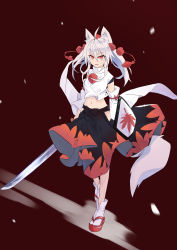 Rule 34 | 1girl, :d, absurdres, alternate hairstyle, animal ears, black skirt, flip-flops, full body, highres, holding, holding shield, holding sword, holding weapon, inubashiri momiji, kakaricho dairi, long hair, navel, open mouth, petals, pom pom (clothes), red background, red hair, sandals, shield, shirt, skirt, smile, solo, standing, sword, tail, touhou, weapon, white hair, white shirt, white sleeves, wolf ears, wolf girl, wolf tail