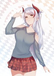 Rule 34 | 1girl, absurdres, azur lane, bad id, bad pixiv id, breasts, closed mouth, clothing cutout, commentary, cowboy shot, diagonal-striped shirt, eyelashes, grey shirt, highres, horn ornament, horns, large breasts, lips, long hair, long sleeves, looking at viewer, miniskirt, multicolored hair, orange eyes, parted bangs, patterned background, plaid, plaid skirt, prinz eugen (azur lane), red hair, red skirt, shinidei, shirt, shoulder cutout, silver hair, skirt, smile, solo, streaked hair, striped clothes, striped shirt, swept bangs, thighs, two-tone hair, v-neck