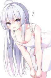 Rule 34 | 1girl, ?, absurdres, ahoge, alternate costume, bad id, bad twitter id, beliatan, blush, breasts, cleavage, dot nose, dress, elaina (majo no tabitabi), grey hair, hair between eyes, hands on own knees, highres, leaning forward, long hair, looking at viewer, majo no tabitabi, open mouth, purple eyes, simple background, sleeveless, sleeveless dress, small breasts, solo, standing, sundress, very long hair, white background, white dress
