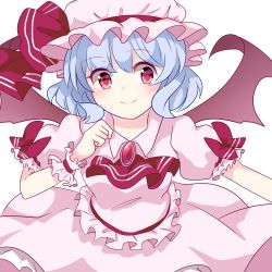 Rule 34 | 1girl, absurdres, bat wings, blue hair, blush, bow, chiyori (soleilandiris), commentary request, cowboy shot, dress, dress bow, hat, hat bow, highres, light blue hair, looking at viewer, mob cap, pink dress, raised eyebrows, red bow, red eyes, remilia scarlet, short sleeves, simple background, smile, solo, touhou, white background, wings, wrist cuffs