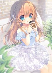 Rule 34 | 1girl, bare shoulders, bench, blue eyes, braid, brown hair, coffee cup, collarbone, cup, disposable cup, earrings, hair ribbon, highres, jewelry, long hair, open mouth, original, ribbon, shiyu (sweet dream), sitting, skirt, solo, watch, wristwatch