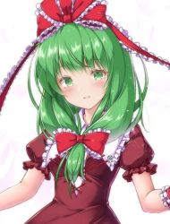 Rule 34 | 1girl, aka tawashi, blush, bow, breasts, collared dress, commentary request, cross-laced footwear, dress, frilled ribbon, frilled sleeves, frills, front ponytail, green eyes, green hair, hair bow, hair ribbon, kagiyama hina, medium hair, parted lips, puffy short sleeves, puffy sleeves, red dress, ribbon, short sleeves, simple background, small breasts, touhou, upper body, white background, wrist cuffs, wrist ribbon