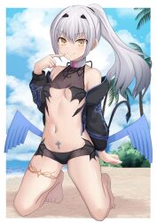 Rule 34 | 1girl, bare shoulders, beach, bikini, black bikini, black jacket, blue sky, breasts, cropped jacket, cross (crossryou), dragon wings, fate/grand order, fate (series), forked eyebrows, high ponytail, highres, jacket, kneeling, long hair, long sleeves, looking at viewer, melusine (fate), melusine (swimsuit ruler) (fate), melusine (swimsuit ruler) (first ascension) (fate), navel, off shoulder, pubic tattoo, shrug (clothing), sidelocks, sky, small breasts, smile, solo, swimsuit, tail, tattoo, thighlet, thighs, white hair, wings, yellow eyes